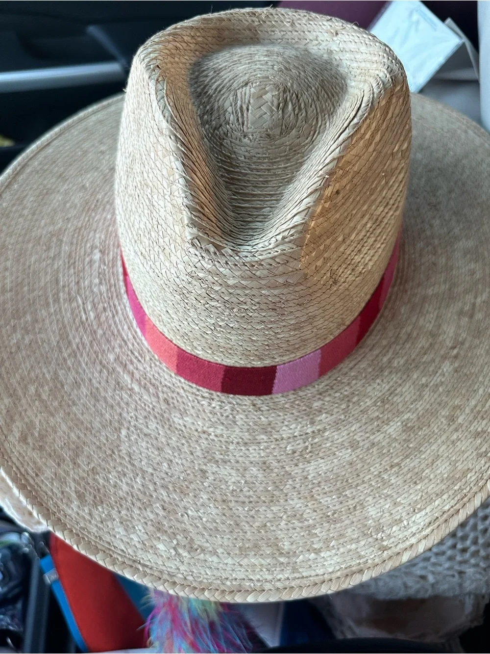 Sunshine Tienda Handwoven palm straw Sun Hat with Pink and Red Band xs/s 6 7/8